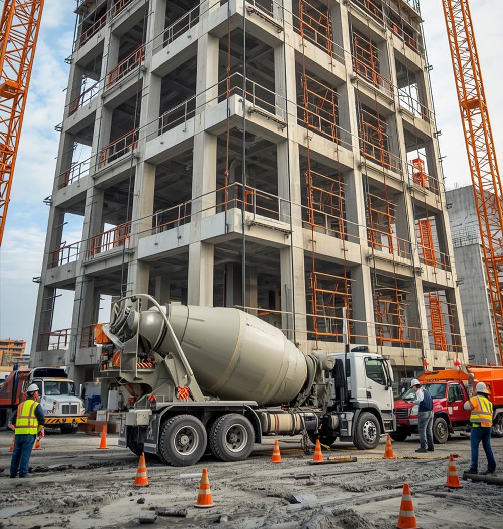 Kaba inşaatı süren bina önünde beton mikseri